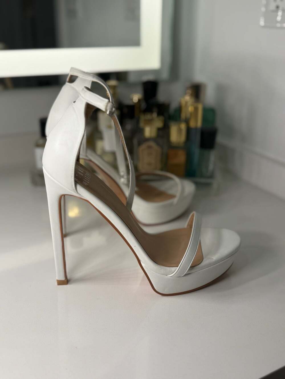 Stuart Weitzman White Platform Stiletto Ankle Strap Sandals